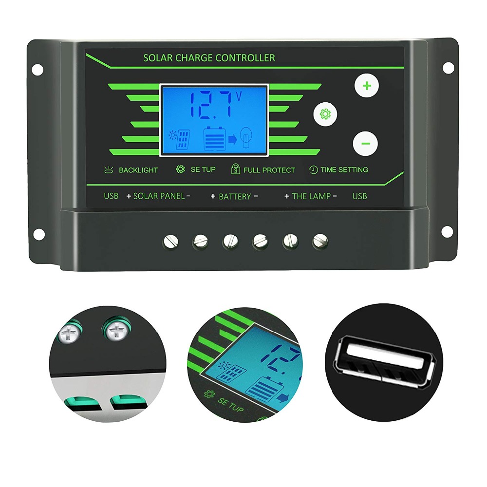 Powmr 30A 20A 10A 自动识别12V/24V PWM光伏太阳能控制器带LCD显示