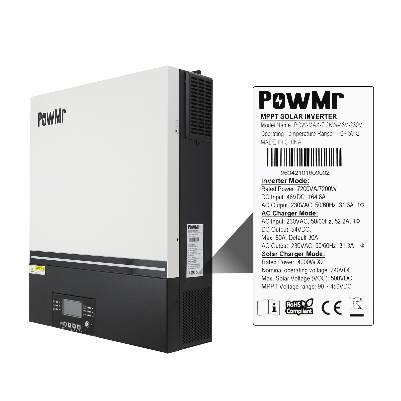PowMr 7200VA太阳能逆控一体机230V 48V 500Vdc PV输入80A MPPT内置WIFI支持锂BMS